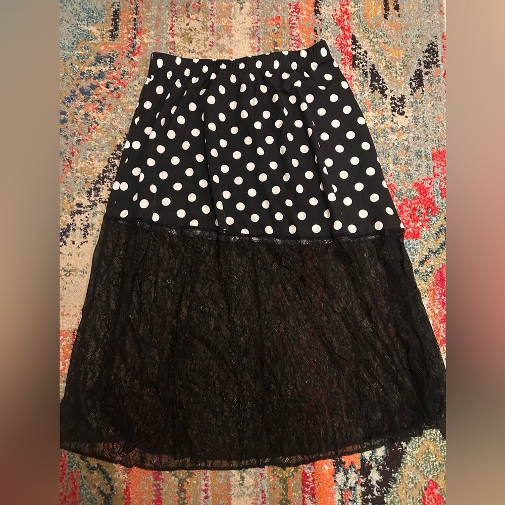 Black and White Polka Dot Skirt with Lace Asymmetrical Hem